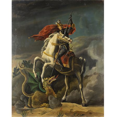 Luigi Surdi (Napoli 1897 - Roma 1956) "San Giorgio e il drago" anni '40 90x71,5 cm.