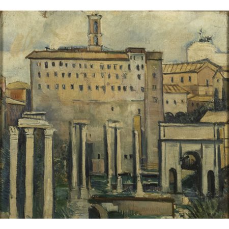 Luigi Surdi (Napoli 1897 - Roma 1956) "Veduta del Campidoglio dai Fori romani"  50x54,5 cm.