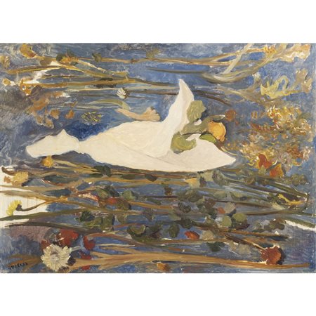 Carlo Quaglia (Terni 1903 - Roma 1970) "Fiori sparsi su fondo azzurro" 1960 50x69,5 cm.