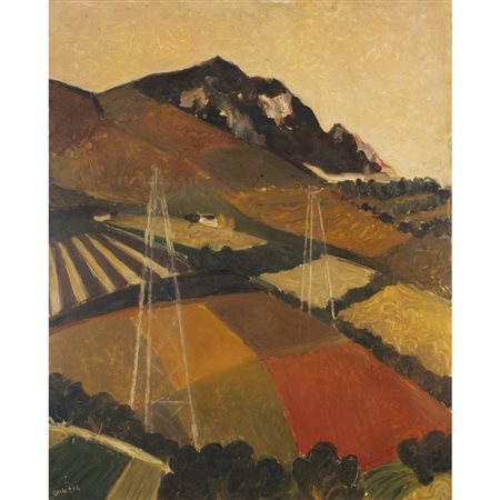 Carlo Quaglia (Terni 1903 - Roma 1970) "Paesaggio con tralicci" anni '60 88,5x70 cm.