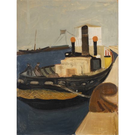 Carlo Quaglia (Terni 1903 - Roma 1970) "Barca ormeggiata" anni '50 80x60 cm.
