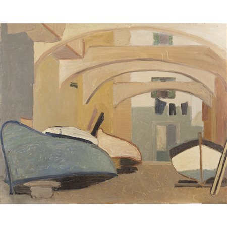 Carlo Quaglia (Terni 1903 - Roma 1970) "Barche in Liguria" anni '50 45x60 cm