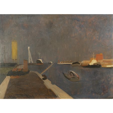 Carlo Quaglia (Terni 1903 - Roma 1970) "Porto di Fiumicino" anni '50 50x70 cm.