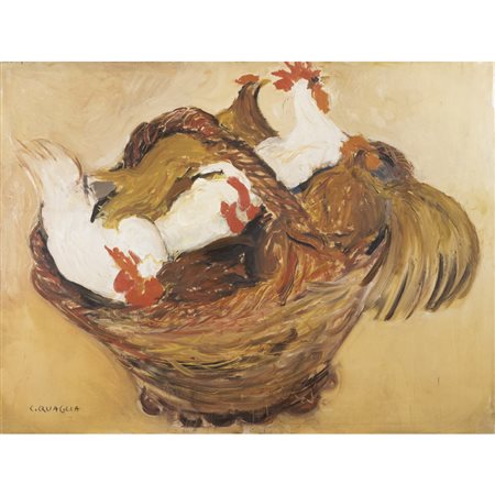 Carlo Quaglia (Terni 1903 - Roma 1970) "Galline nel cesto" 1955 ca. 45x60 cm.