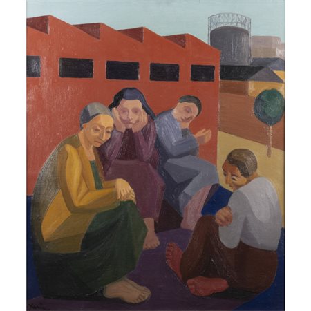 Armiro Yaria (Reggio Calabria 1901 - Roma 1980) "Donne e officine" 1945 77x65 cm.