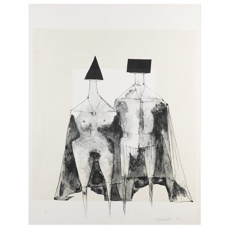 Lynn Chadwick (Londra 1914 - Stroud 2003) "Two standing figures" 1973 63x48,5 cm.