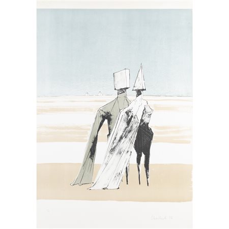 Lynn Chadwick (Londra 1914 - Stroud 2003) "Two figures in a landscape" 1973 68x48,5 cm.