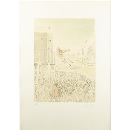 Giorgio de Chirico (Volos 1888 - Roma 1978) "L'arrivo del centauro" 1973 70x50 cm.