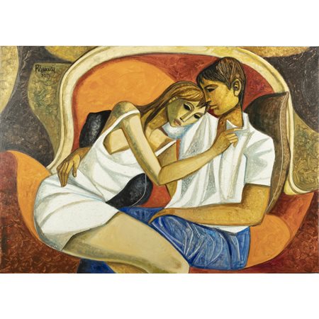 Lucio Ranucci (Perledo 1925 - Saint Paul de Vence 2017) "Giovani amanti sul canape della nonna" 2009 50x70 cm.