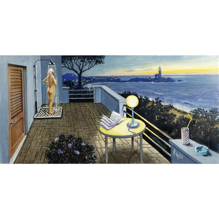 Sergio Ceccotti (Roma 1935) "Sera d'estate in terrazza" 2024 40x80 cm.