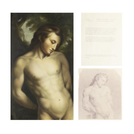 (*) Carlo Maria Mariani (Roma 1931 - New York 2021) "Senza titolo" anni '80 olio su cartone 51x30 cm., teca 58x72 cm.