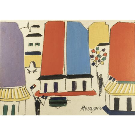 Sante Monachesi (Macerata 1910 - Roma 1991) "Parigi Agrà con Muri ciechi e figure a Parigi"  50,5x70 cm.