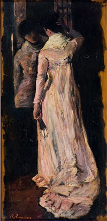 Raffaele Ragione (1851-1919) Signora allo specchio Olio su tavola cm 46x23...