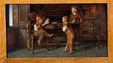 Giuseppe Costantini (1843-1893) La lezione, 1877 Olio su tavola cm 27x47...