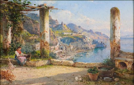 Guglielmo Giusti (1824-1916) Cappuccini ad Amalfi Olio su tavola cm 25x37...