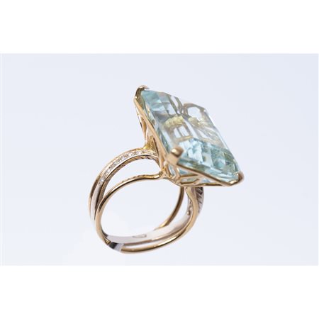 ANELLO oro bianco e giallo 18 KT con diamanti e acquamarina