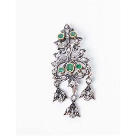 SPILLA/PENDENTE in oro 9 KT e argento con diamanti e smeraldi