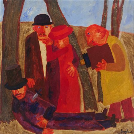 Franz Borghese (Roma, 1941 - Roma, 2005) Delitto Olio su tela cm. 50x54...