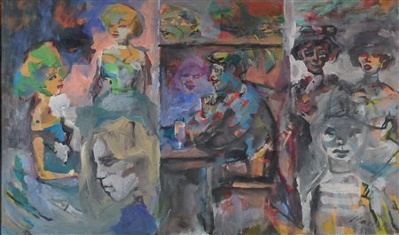 Mino Maccari (Siena, 1898 - Roma, 1989) Figure al bar Olio su tavola cm....