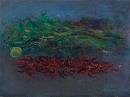 Mario Mafai (Roma, 1902 - Roma, 1965) Natura morta con peperoncini 1956 Olio...
