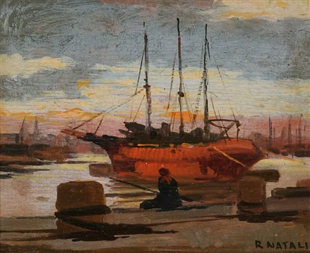 Renato Natali (Livorno, 1883 - 1979) Pescatori al molo Olio su tavola cm....