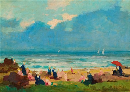 Renato Natali (Livorno, 1883 - 1979) Figure in riva al mare Olio su tavola...