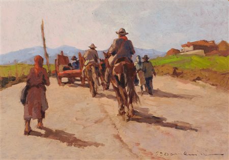 Carlo Domenici (Livorno, 1897 - Portoferraio, 1981) Ritorno dai campi Olio su...