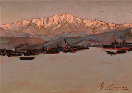 Giovanni Lomi (Livorno, 1889 - Livorno, 1969) Barche ormeggiate al tramonto...