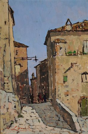 Giovanni Lomi (Livorno, 1889 - Livorno, 1969) Via di mezzo Olio su tavola cm....