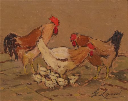 Giovanni Lomi (Livorno, 1889 - Livorno, 1969) Pollaio Olio su faesite cm....