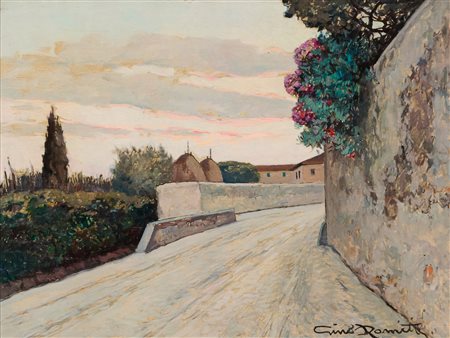 Gino Romiti (Livorno, 1881 - 1967) Strada con pagliai Olio su faesite cm....
