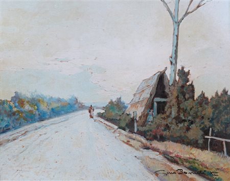 Gino Romiti (Livorno, 1881 - 1967) Paesaggio con figura 1934 Olio su tavola...