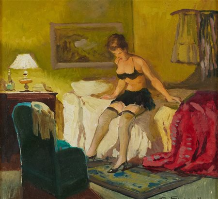 Cafiero Filippelli (Livorno, 1889 - 1973) Donna in camera da letto Olio su...