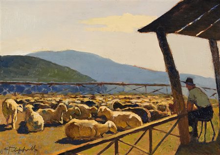 Cafiero Filippelli (Livorno, 1889 - 1973) Pastore con gregge Olio su tavola...