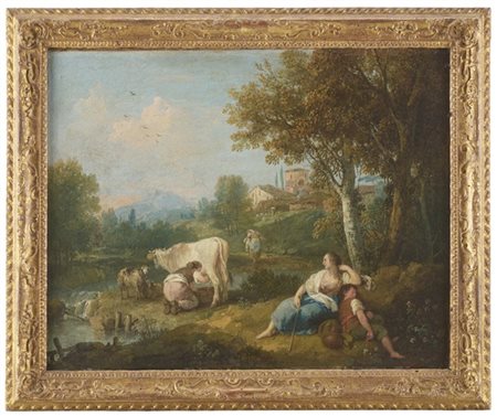 Giuseppe Zais "Paesaggio con pastori e armenti presso un fiume (La mungitura)"
o