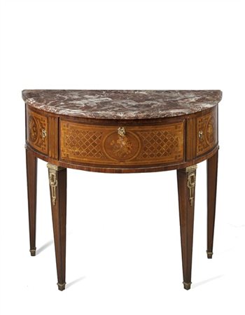 Commode demi-lune lastronata e intarsiata in palissandro, bois de rose e legni