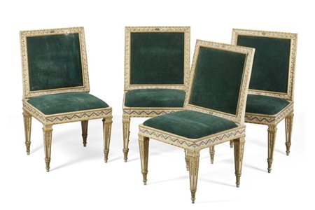 Gruppo di quattro sedie in legno intagliato e dorato, schienale quadrato con pr