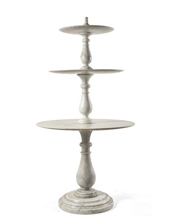 Etagère da centro in marmo bianco a tre ripiani circolari a digradare con soste