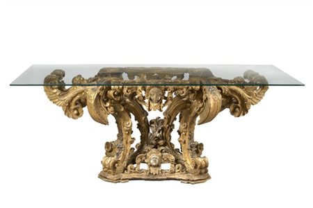 Antica base barocca in legno riccamente scolpito, intagliato e dorato, gambe a