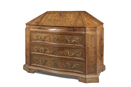 Ribalta a urna lastronata in noce e radica di noce filettata in legno chiaro, f