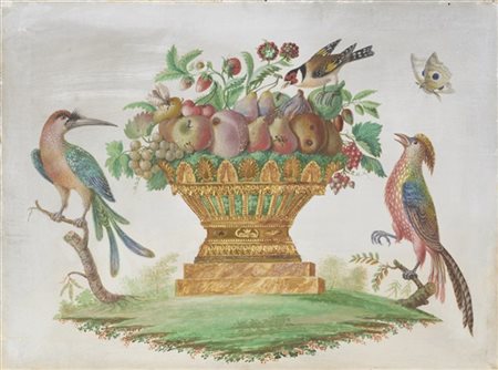 Scuola francese del secolo XIX. Coppia di composizioni di frutta e volatili con