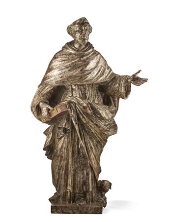 Scultore del secolo XVII. "San Goffredo" in legno intagliato, dipinto, dorato e
