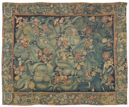 Manifattura di Oudenaarde, secolo XV-XVI. Arazzo Feuille de Chou con stemma ara