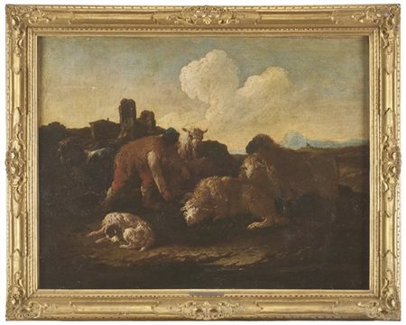 Philipp Peter Roos (attr.)

"Paesaggio della campagna romana con pastore, monton