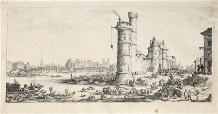 Jacques Callot Vue du Pont-Neuf
acquaforte, II/V (all'impronta mm 165x340)