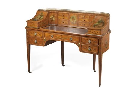 Scrivania da centro in satinwood dipinto in policromia, alzata sormontata da ri