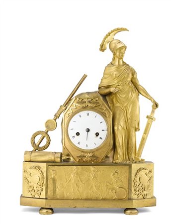 Pendola da appoggio in bronzo dorato con cassa a soggetto allegorico, quadrante