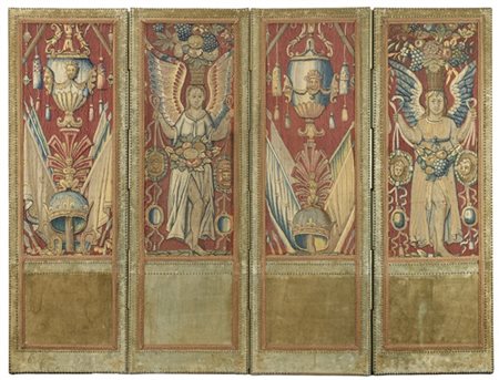 Paravento a quattro ante composto da quattro frammenti dalla bordura di un gran