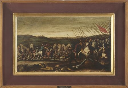 Maestro del secolo XVII

"Scena di battaglia con cavaliere moro"
olio su rame (