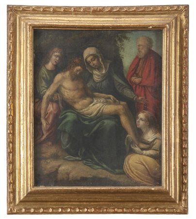 Maestro del secolo XVI

"Pietà con santi"
olio su tavola rinforzata (cm 43x36)